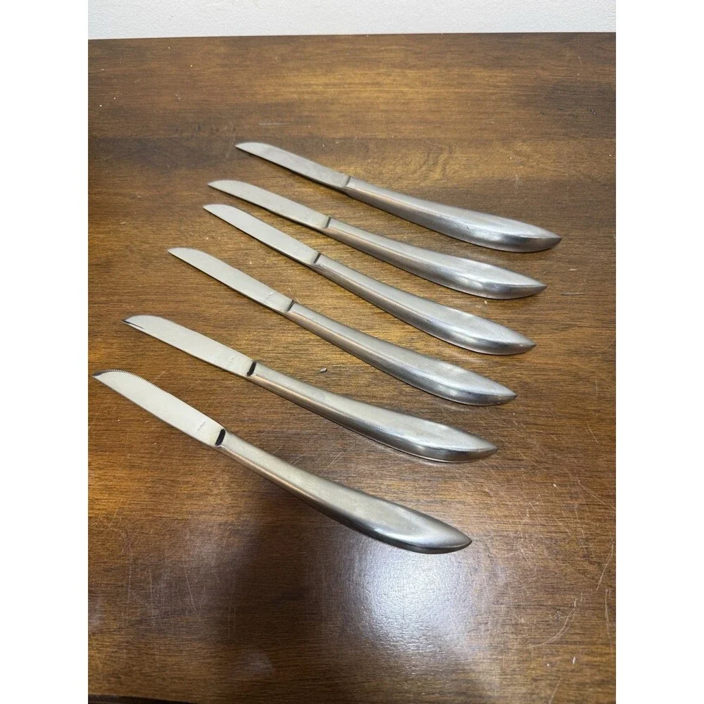 Vintage MCM Steak Knife Set 6pc Stainless Steel Oak Block Stand Curved Japan